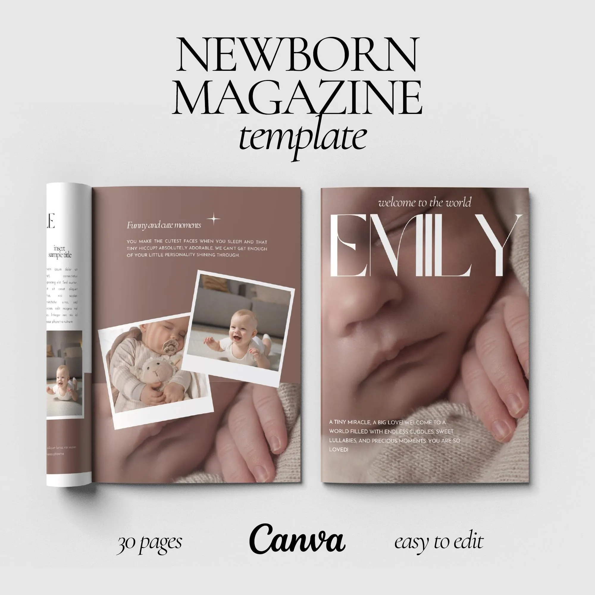 Newborn baby memory magazine template with soft mauve cover and photo pages