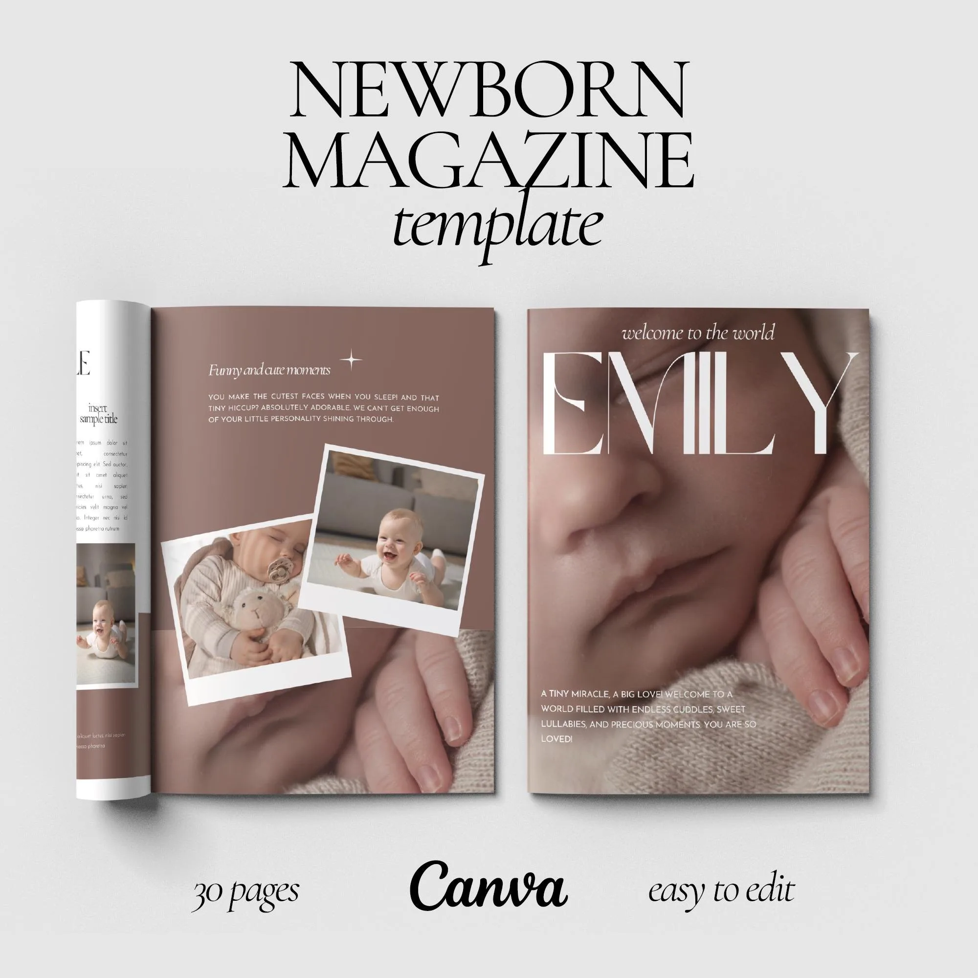 Newborn baby memory magazine template with soft mauve cover and photo pages