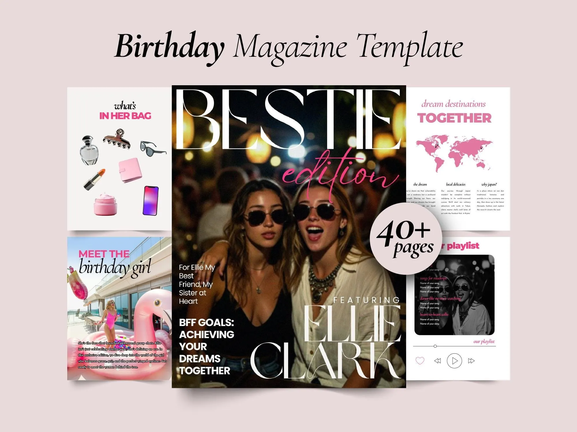 Best friend birthday magazine template "Bestie" with pink fashion-magazine cover and fun pages