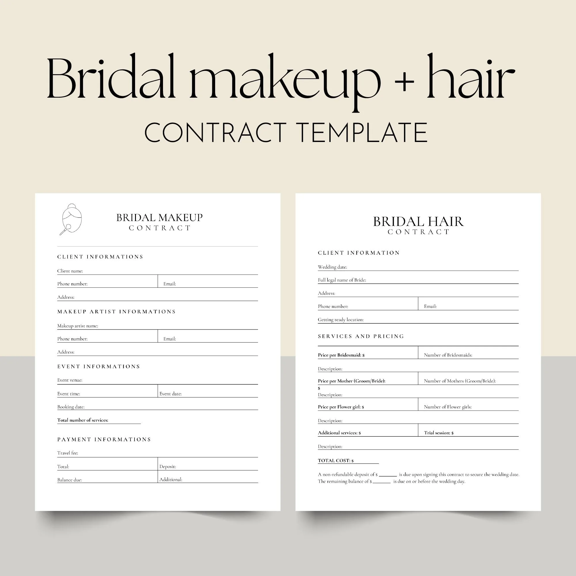 Bridal makeup and hair contract template – contract, questionnaire and invoice pages