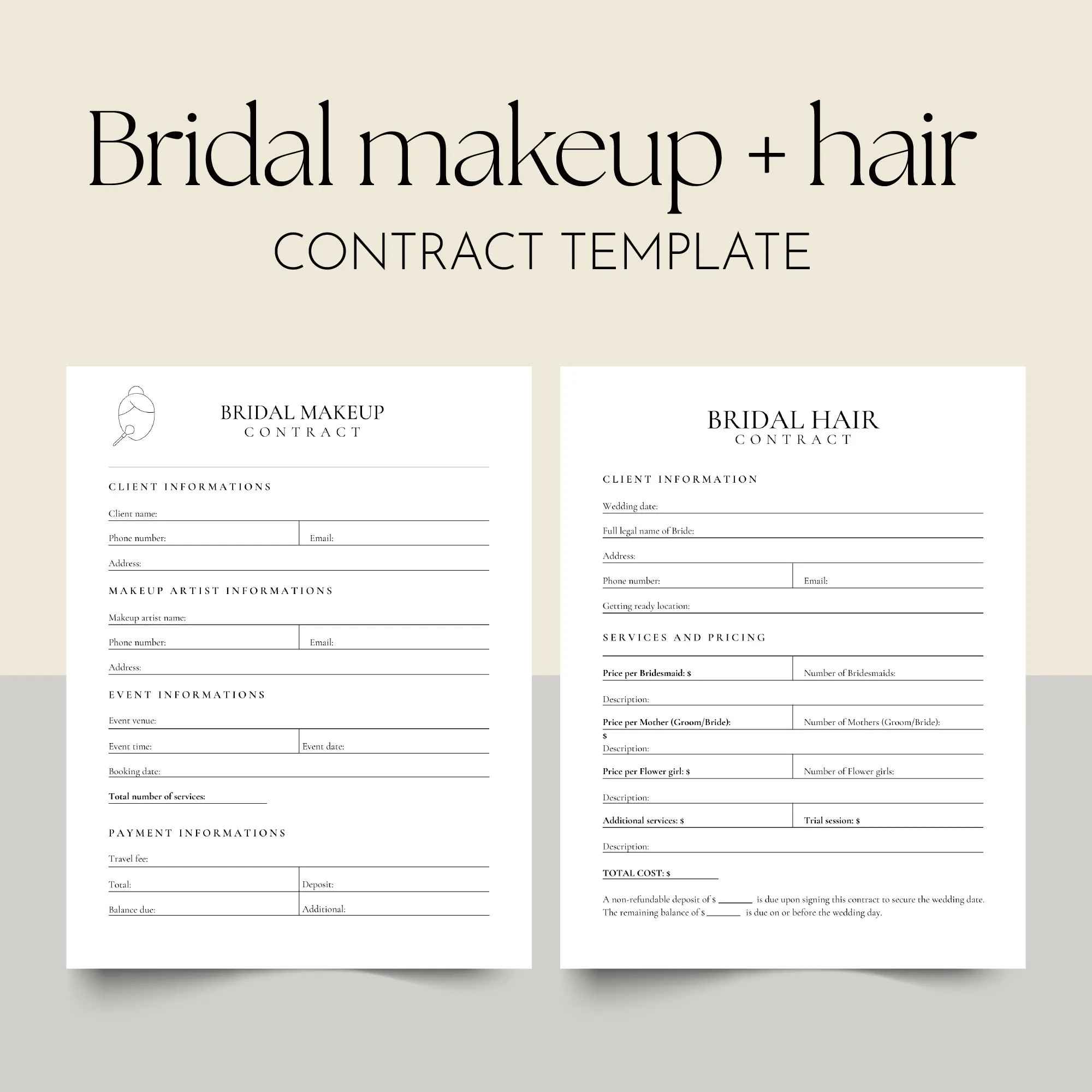 Bridal makeup and hair contract template – contract, questionnaire and invoice pages