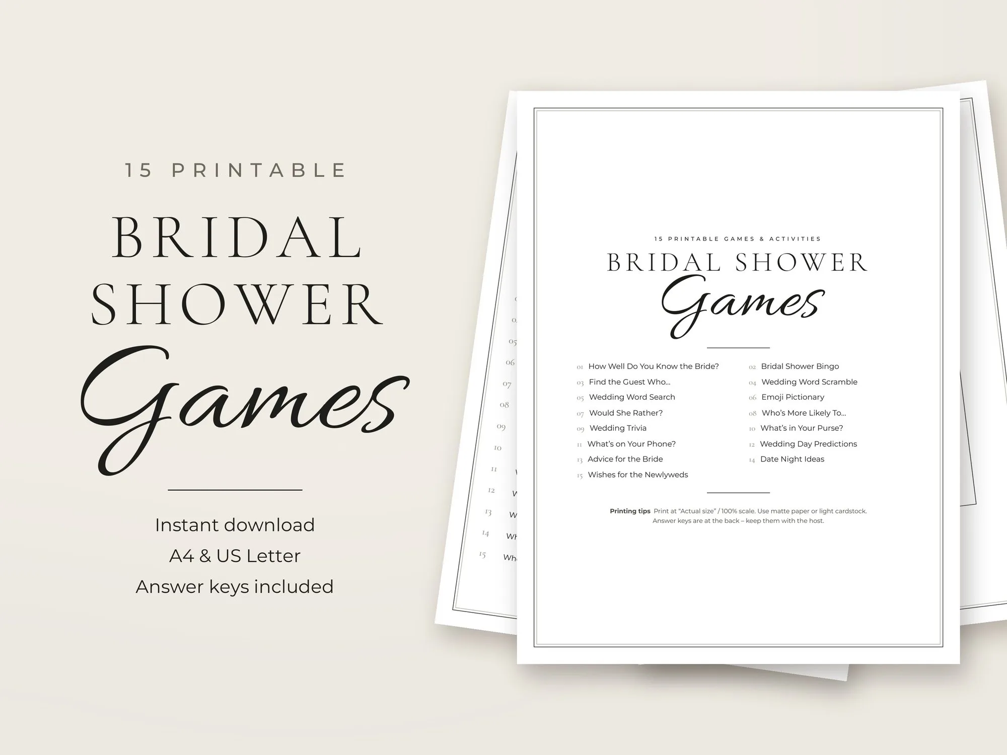 Bridal shower games bundle – 15 printable minimalist games including bingo and how well do you know the bride