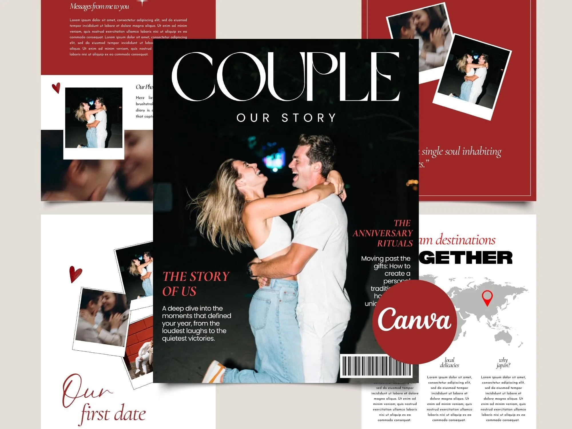 Personalized couple's magazine template with red and black cover "Couple – our story" and photo pages