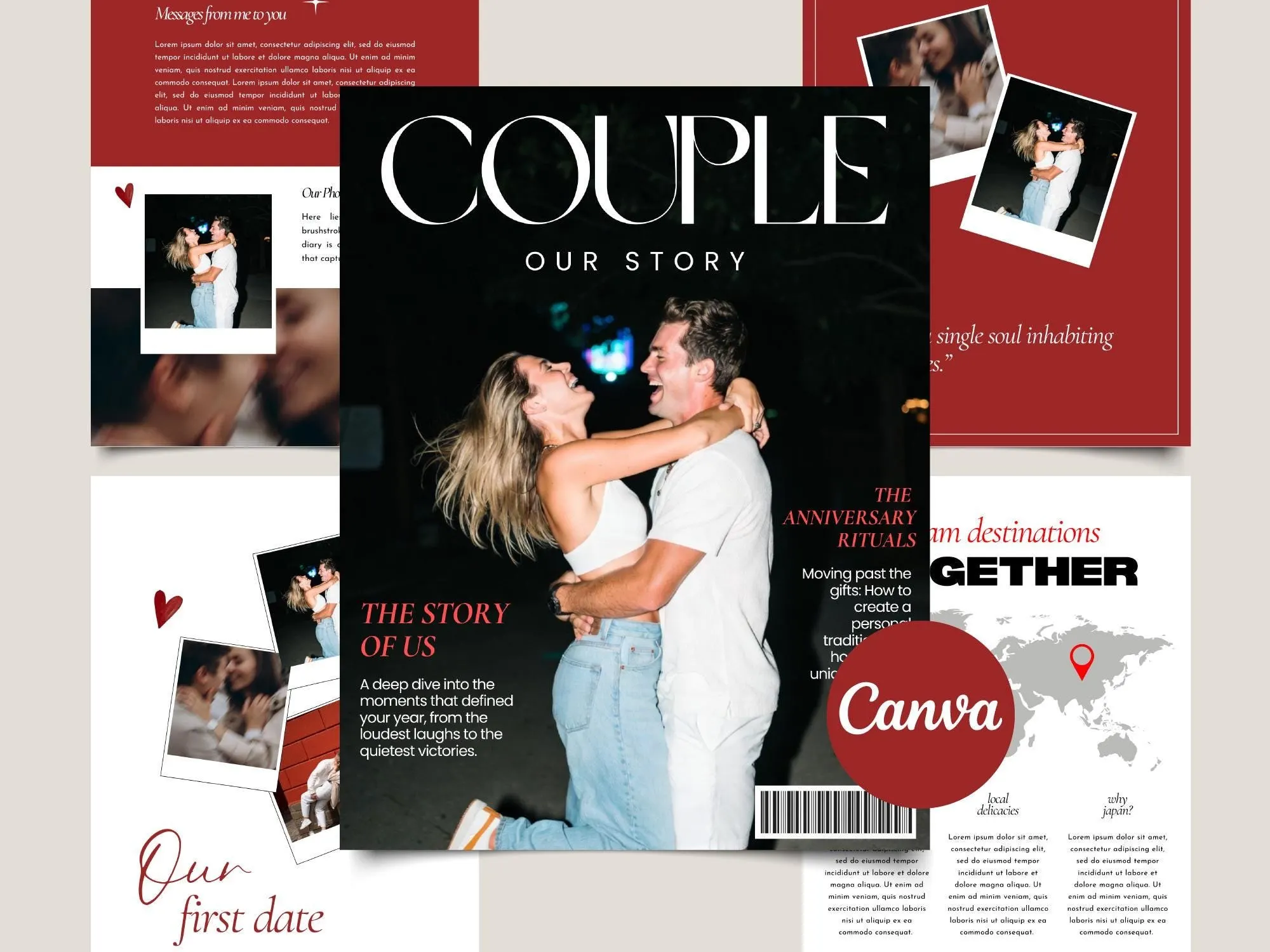 Personalized couple's magazine template with red and black cover "Couple – our story" and photo pages