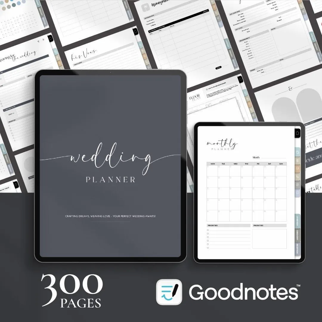 Digital wedding planner for Goodnotes on an iPad – 300 hyperlinked pages in a minimalist grey design