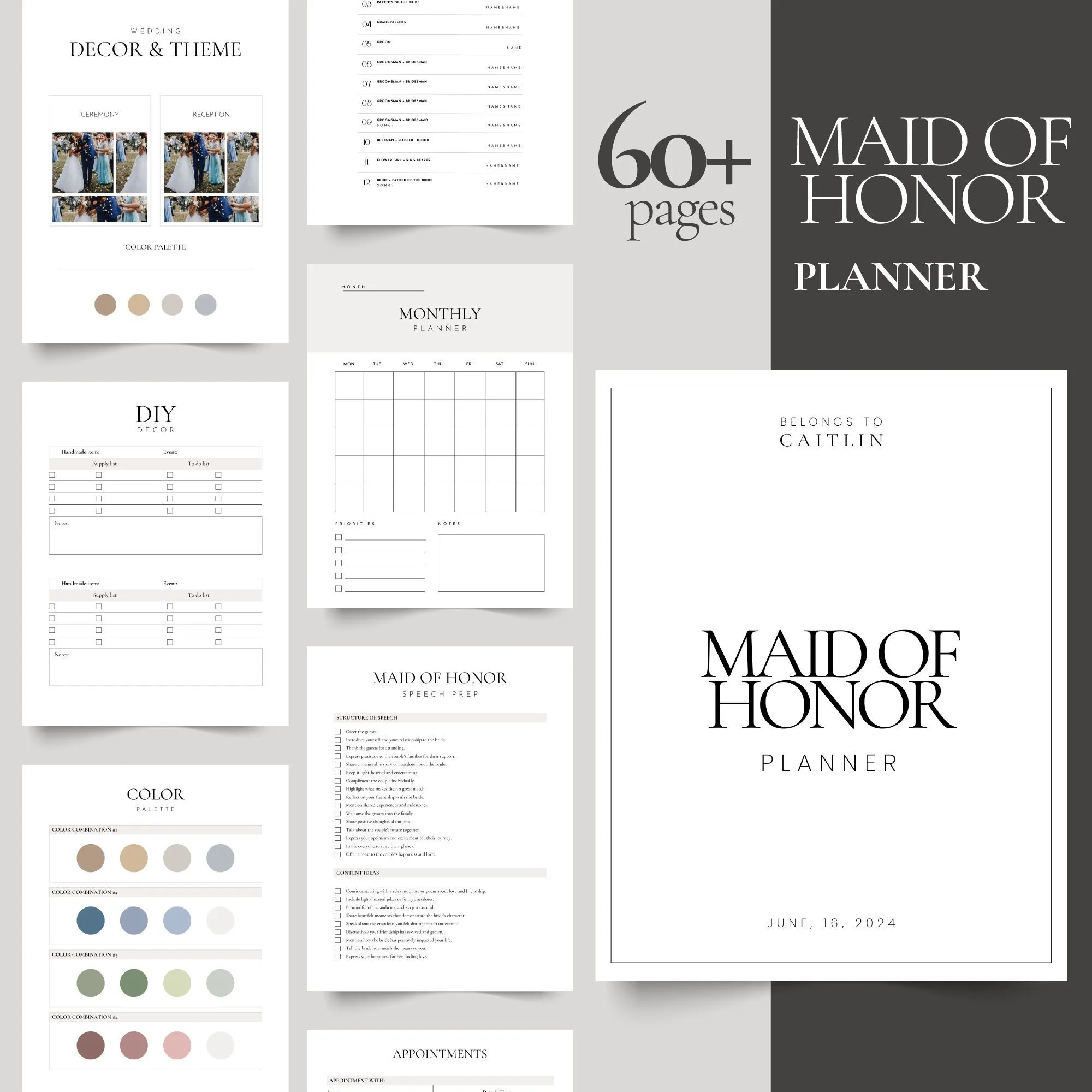 Printable maid of honor planner with 60+ pages – cover, monthly calendar and checklist pages