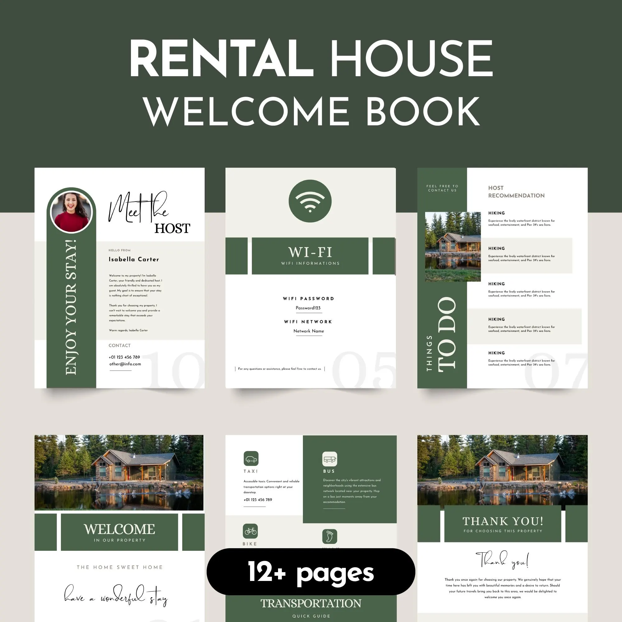 Vacation rental welcome book template in sage green – welcome, Wi-Fi and house rules pages