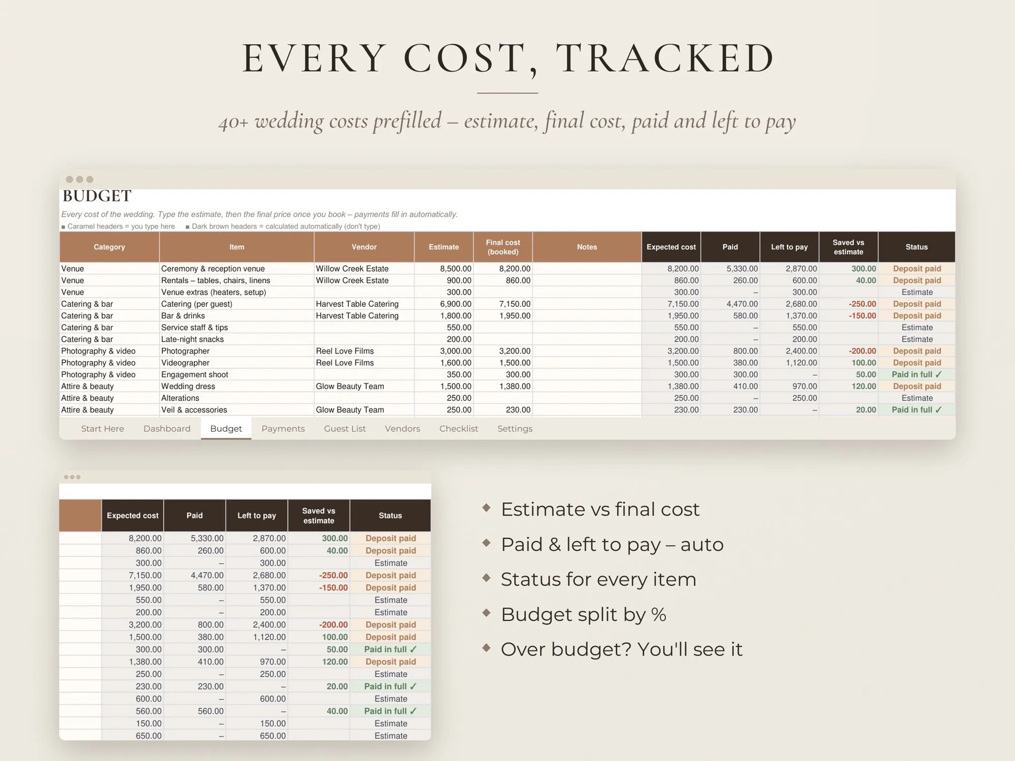 Wedding Budget Spreadsheet & Planner – Google Sheets & Excel – preview 4