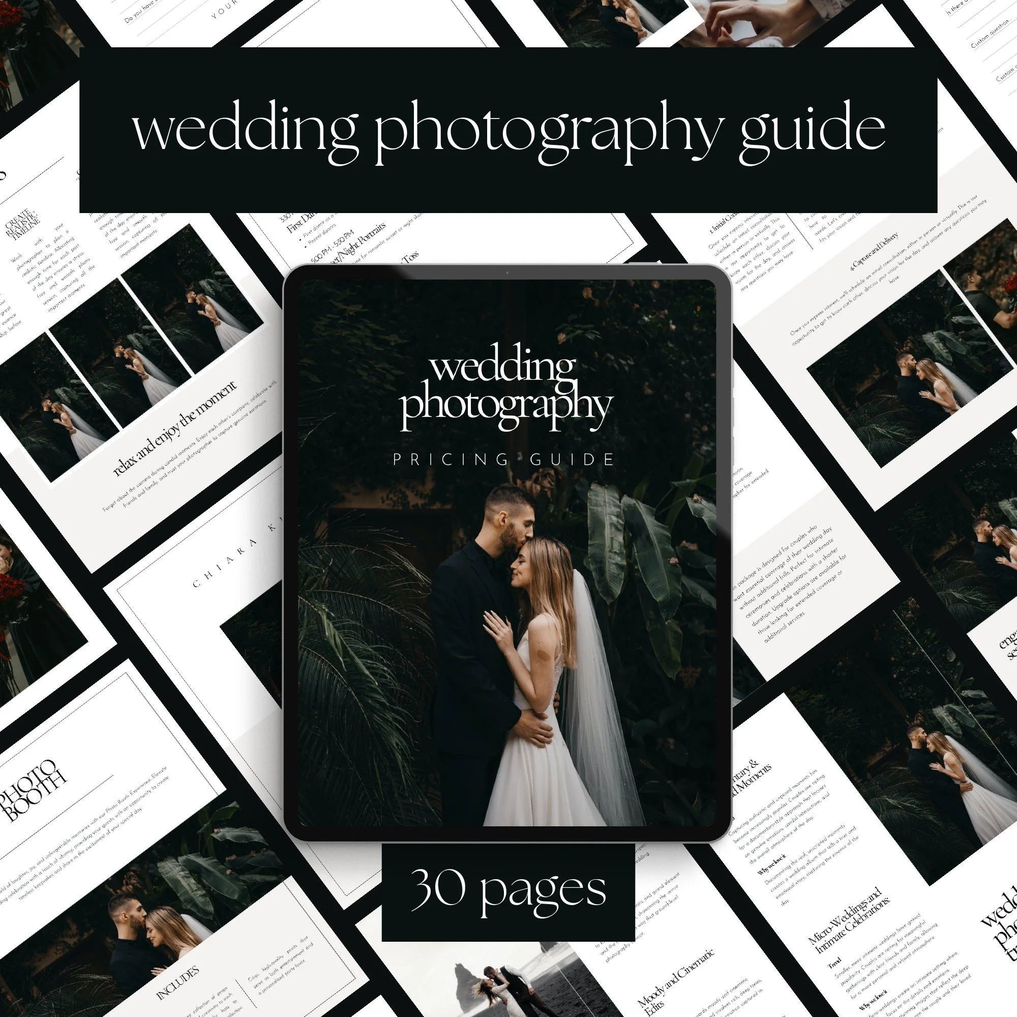 Wedding photography pricing guide template, 30 pages, dark editorial design shown on a tablet